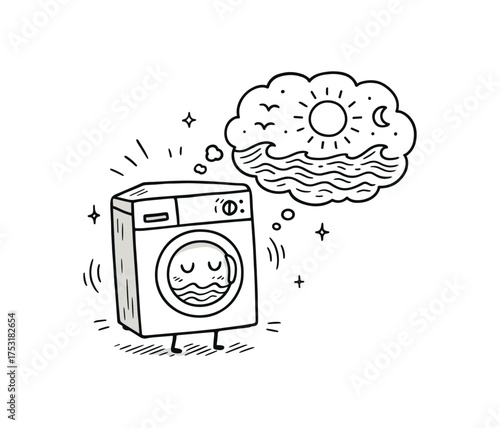 doodle illustration of washing machine daydreaming about oceans clean black and white line art with slightly hand drawn strokes gentle motion lines and poetic surreal details simple and
