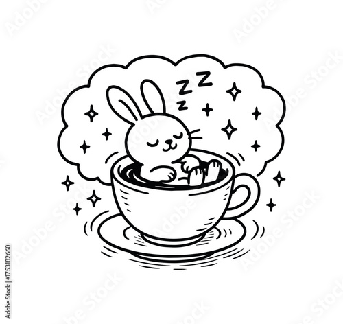 doodle illustration of sleepy rabbit floating inside teacup dream clean black and white line art with slightly hand drawn strokes gentle motion lines and magical cozy surrealism simple and