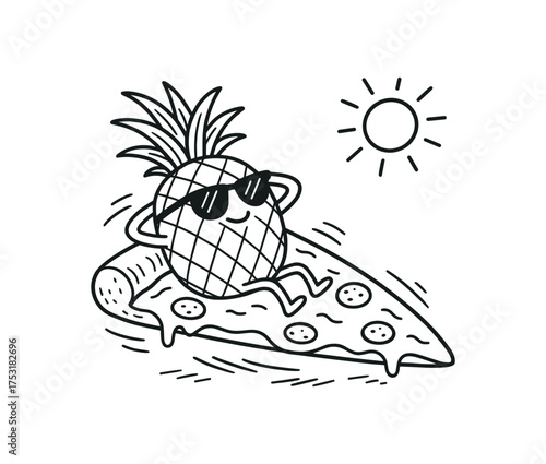 doodle illustration of pineapple sunbathing on pizza slice clean black and white line art with slightly hand drawn strokes gentle motion lines and absurd tropical surrealism simple and