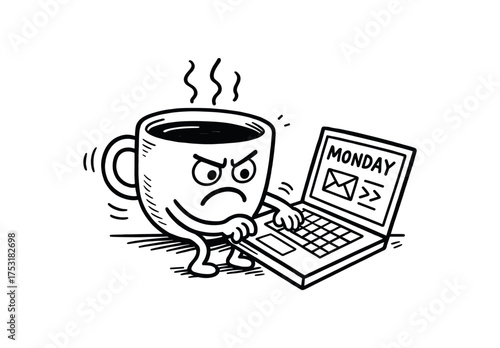 doodle illustration of cup of coffee typing angry emails to Monday clean black and white line art with slightly hand drawn strokes gentle motion lines and office surreal humor simple and