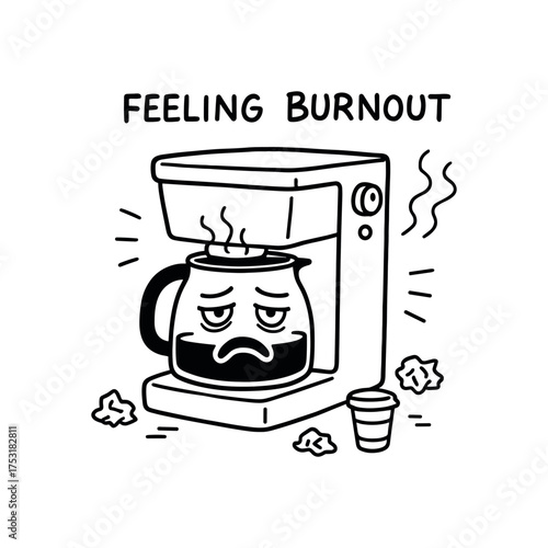 doodle illustration of coffee machine feeling burnout clean black and white line art with slightly hand drawn strokes gentle motion lines and workplace humor details simple and lively style