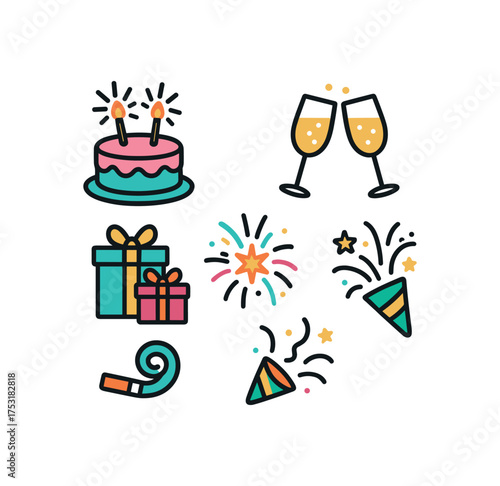 cute colorful birthday celebration sticker set with bold black outline and white border including birthday cake with sparklers champagne glasses wrapped presents fireworks party horn and