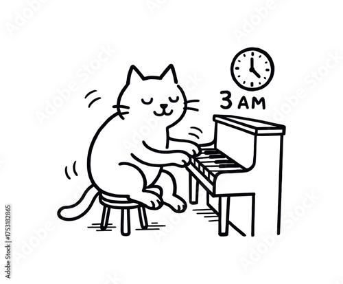 doodle illustration of cat playing piano quietly at 3am clean black and white line art with slightly hand drawn strokes gentle motion lines and poetic absurd charm simple and lively style