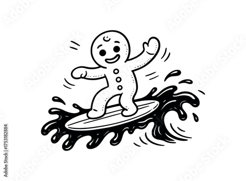 doodle illustration of gingerbread surfing on melted chocolate clean black and white line art with slightly hand drawn strokes gentle motion lines and wild surreal humor simple and lively