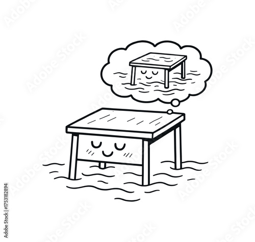 doodle illustration of table dreaming it floating on lake clean black and white line art with slightly hand drawn strokes gentle motion lines and poetic domestic surrealism simple and
