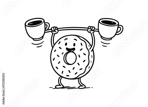 doodle illustration of donut lifting weights made of coffee cups clean black and white line art with slightly hand drawn strokes gentle motion lines and comic surreal fitness humor simple