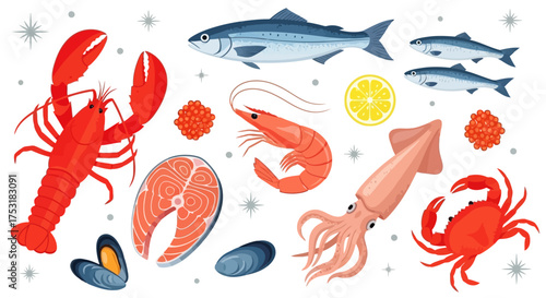 Vector art of assortment of fresh seafood and fish