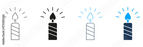 Candle With Flame Line And Solid Icon Set. Celebration, Birthday, And Festive Decoration Silhouette Symbol Collection. Party Atmosphere And Warmth. Isolated Vector Illustration