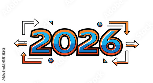 The year 2026 is displayed with dynamic, directional design, featuring arrows and circular elements suggesting movement, connection, and flow