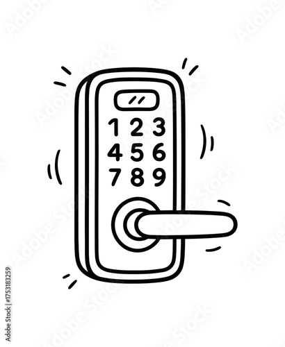 doodle illustration of smart door lock clean black and white line art with slightly hand drawn strokes gentle motion lines and light playful details simple and lively style on white