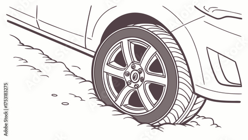 Illustration of a car wheel partially visible with snow on the ground and car body outline shown
