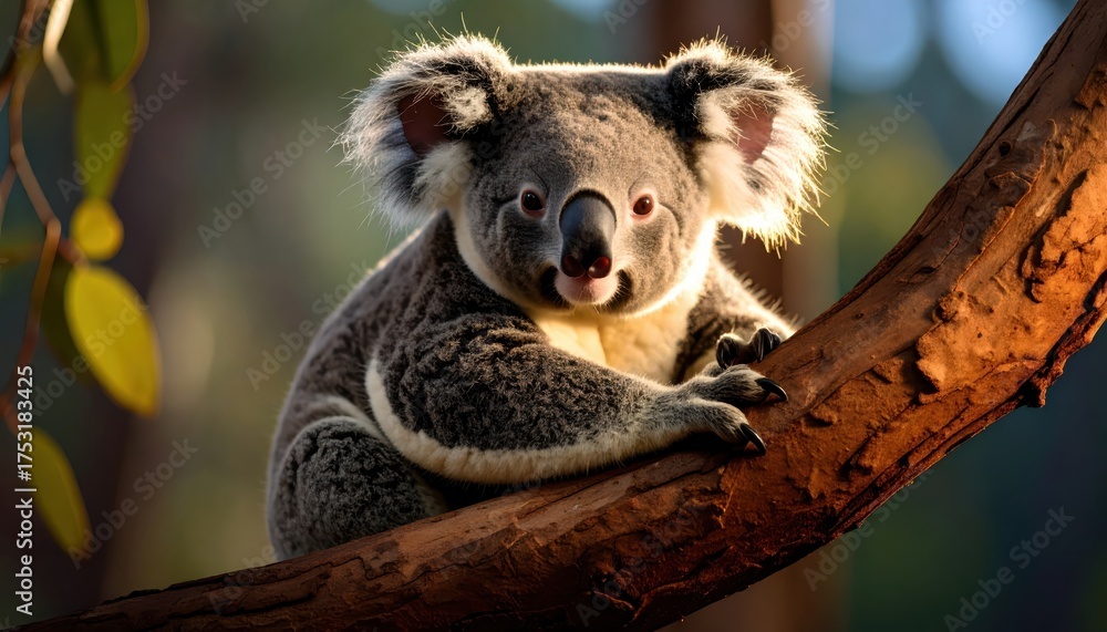 Naklejka premium Koala on tree branch australian wildlife scene observe koala perched on tree branch in natural habitat