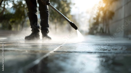 Pressure washing an outdoor stone patio surface with a powerful water spray creating mist