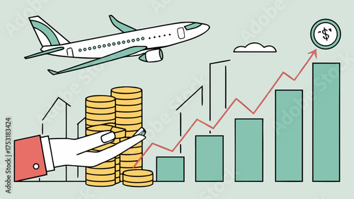 Illustration of airplane flying above rising bar graph with hand holding coins and dollar coin at top
