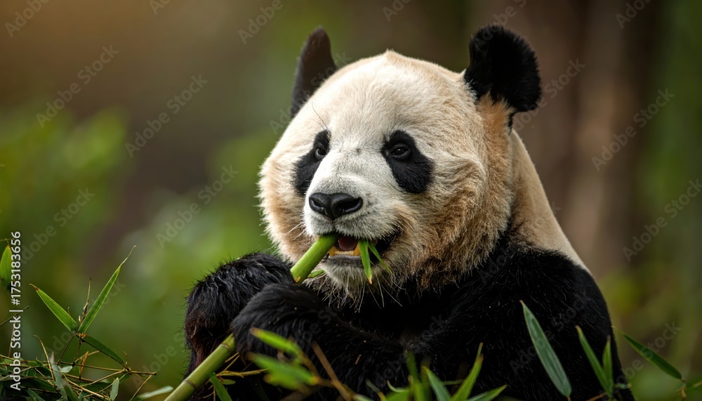 Obraz premium Giant panda eating bamboo wild animal nature photography wild giant panda dines on bamboo in its natural habitat
