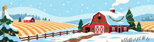 Festive farm scene with Christmas trees and snow