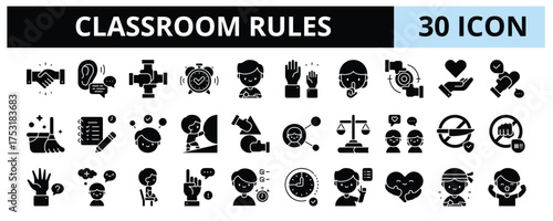 30 Classroom Rules Glyph Icons Vector - Respect, Punctuality, Silence, Honesty, Responsibility, Cooperation, Enthusiasm, On Time