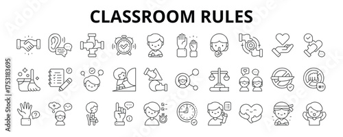 30 Classroom Rules Line Icons Vector - Respect, Punctuality, Silence, Honesty, Responsibility, Cooperation, Enthusiasm, On Time