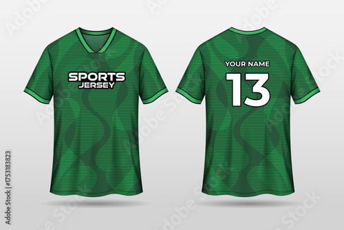 Front back sport jersey mockup with green pattern