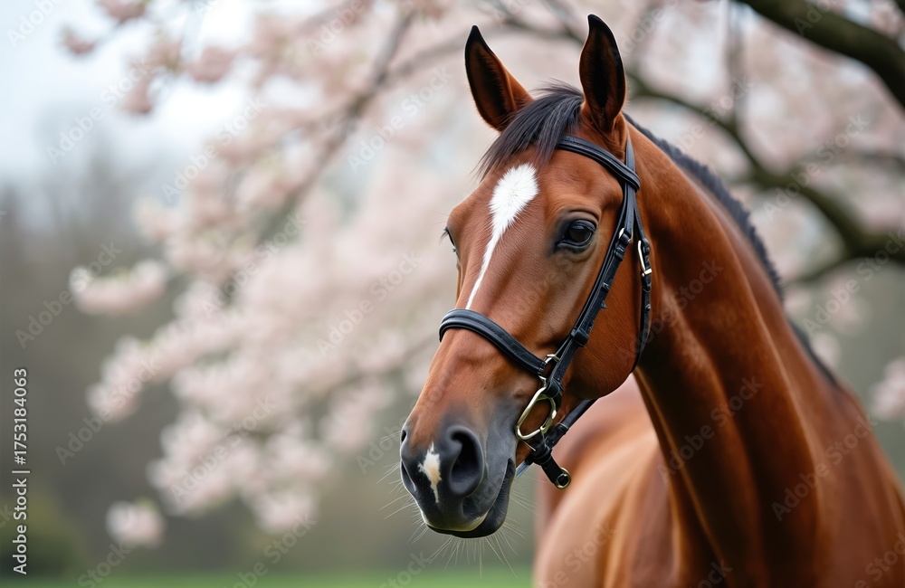 Obraz premium Brown horse with white blaze on forehead stands near pink blossom trees. The equine wears a bridle, its mane black. Gentle spring atmosphere with blooming flowers.