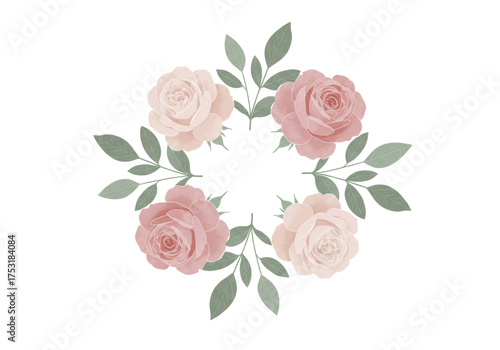 Isolated floral wreath with roses and green leaves for decoration, invitation, cards