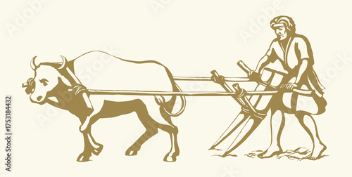 Vector drawing. Old wooden plow