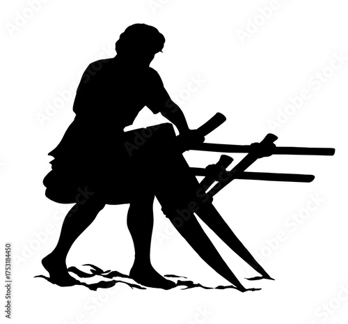 Vector drawing. Man with old wooden plow