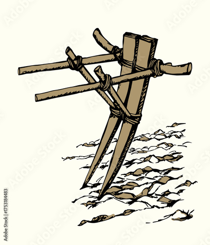 Vector drawing. Old wooden plow