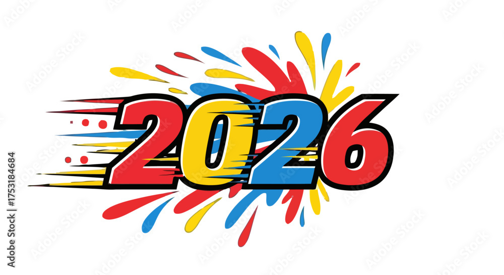 Fototapeta premium Dynamic 2026 text with colorful splashes and motion lines