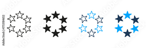 Circle Of Stars Line And Solid Icon Set. Unity, Collaboration, And Teamwork Symbol Collection. Represents Community And Partnership. Isolated Vector Illustration