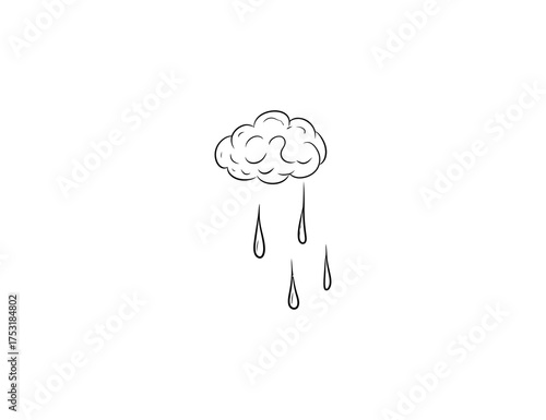 Simple hand drawn sketch of a rainy cloud with falling raindrops on a white background