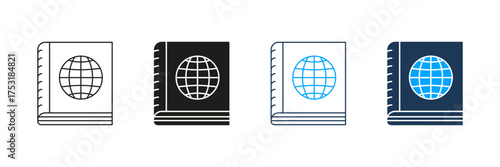 Book With Globe Line And Solid Icon Set. Global Knowledge, Education, And Geography Learning Symbol Collection. International Studies And World Exploration. Isolated Vector Illustration
