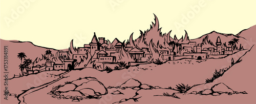 Vector drawing. Fire in the city