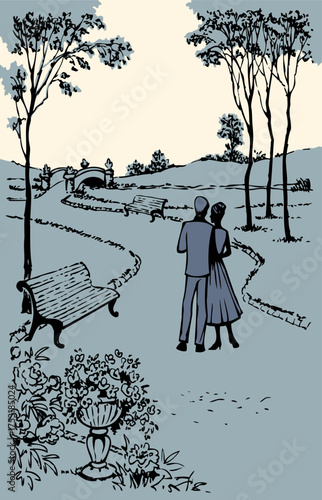 Vector landscape. Banches along the alleys of the park