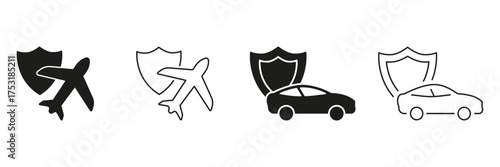 Airplane And Car With Shield Line And Solid Icon Set. Travel And Vehicle Insurance Protection Symbol Collection. Safety And Security Assurance. Isolated Vector Illustration