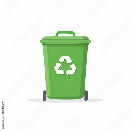 Green recycling bin with universal reuse symbol. Vector illustration of a trash can for waste segregation and environmental care.