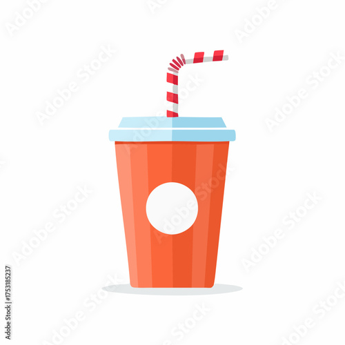Cartoon style beverage cup with straw, orange red drink container