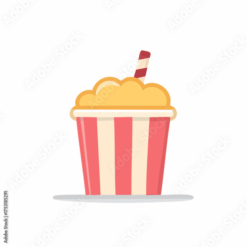 Cinema popcorn bucket filled with fluffy golden popcorn and a classic striped straw