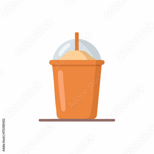 Refreshing orange cold beverage in a cup with straw and domed lid flat illustration