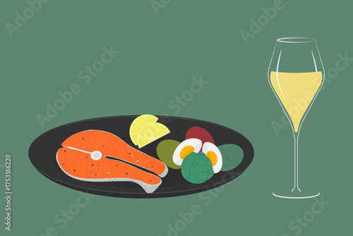 Salmon steak Lemon slices Half Boiled Egg Brussels Sprouts Greens on Dark Plate and White Wine Glass