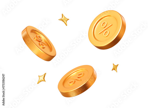 3d flying golden coins with percent sign with stars. Stock vector illustration on isolated background.	