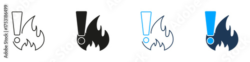 Exclamation Mark With Fire Line And Solid Icon Set. Alert And Warning For Fire Hazard And Emergency Situations Symbol Collection. Safety And Risk Management. Isolated Vector Illustration