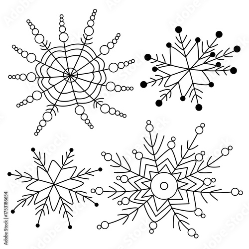 Hand-drawn black snowflakes on a white background. Winter decorations for Christmas and New Year. Festive frosty elements in a minimalist style. Snowflake icons.