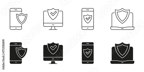 Mobile Phone, Computer, And Laptop Security Line And Solid Icon Set. Cybersecurity, Data Protection, And Device Safety Symbol Collection. Digital Security Assurance. Isolated Vector Illustration