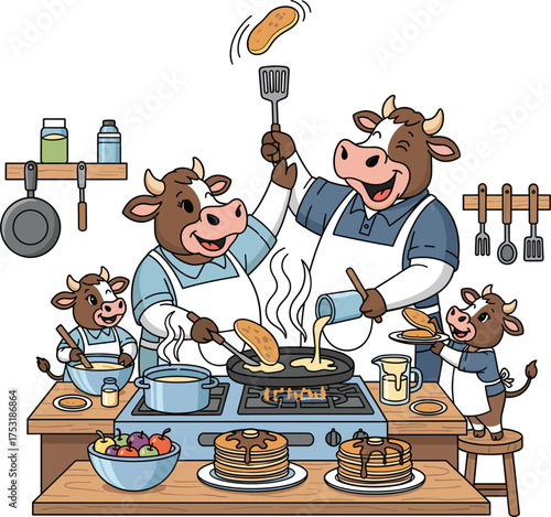 Cartoon family of cows cooking pancakes together in a kitchen