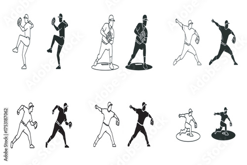 Minimalist outline and silhouette baseball pitching poses icons for sports motion infographics and education