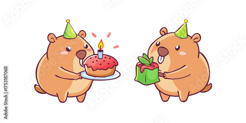 Cute capybara cartoon drawings - chubby rodent eating watermelon, adorable animal celebrating birthday and blowing candles on cake, joyful creature with crown on head. Kawaii funny cheerful capibara. 