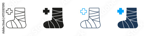 Bandaged Foot With Medical Cross Line And Solid Icon Set. Injury Recovery And Orthopedic Care Symbol Collection. Health And Rehabilitation. Isolated Vector Illustration