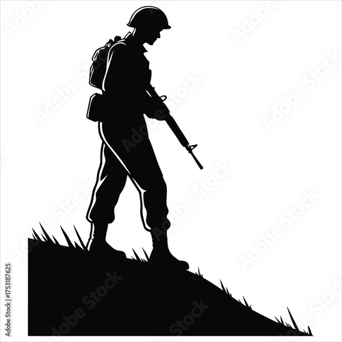 Patriotic black and white vector silhouette of a soldier saluting in front of the distressed American flag. Perfect for Memorial Day, Veterans Day, Independence Day, and military tribute designs. Idea