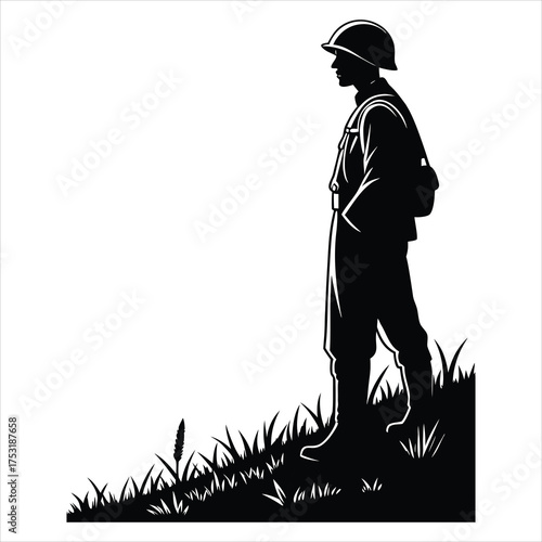 Patriotic black and white vector silhouette of a soldier saluting in front of the distressed American flag. Perfect for Memorial Day, Veterans Day, Independence Day, and military tribute designs. Idea
